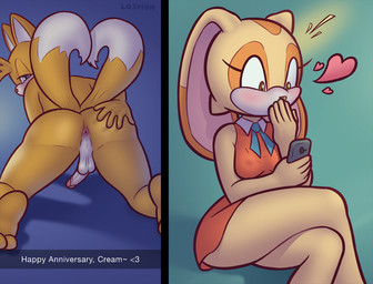 2_tails aged_up anthro anus backsack balls bent_legs butt caption cellphone crossed_legs electronics emoticon erection female femboy genitals gesture heart_after_name heart_after_text heart_emoticon heart_symbol heart_triplet holding_cellphone holding_object holding_phone leg_over_thigh looking_back male male_focus multi_tail penis phone sending_nudes sexting spread_butt spreading tail tail_gesture tail_heart text_with_heart texting y_anus loshon sega snapchat sonic_the_hedgehog_(series) cream_the_rabbit miles_prower lagomorph leporid mammal rabbit hi_res multiple_images