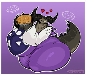 anthro back_spikes big_breasts big_claws big_horn biped border breasts brown_body brown_scales claws clothed clothing cosplay curved_horn curvy_figure empty_eyes fangs female food happy holding_food holding_object holding_pie horn huge_breasts huge_hips looking_at_viewer outline pastry pie purple_background robe scales simple_background smile smiling_at_viewer solo spiked_tail spikes spikes_(anatomy) standing tail teeth thick_tail voluptuous white_border white_outline wide_hips yellow_eyes johndrawfatties fallout microsoft undertale_(series) fan_character lucy_the_deathclaw toriel deathclaw reptile scalie 2026 hi_res portrait signature three-quarter_portrait