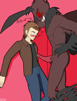 antennae_(anatomy) black_wings blush bodily_fluids brown_body brown_fur brown_hair clothed clothing duo erection feathered_wings feathers fur genital_fluids genitals hair male male/male multicolored_body penis red_eyes simple_background size_difference smile text wings dustin_c arlo_davis_(dustin_c) malin_(dustin_c) mothman animal_humanoid arthropod arthropod_humanoid cryptid human humanoid insect insect_humanoid lepidopteran lepidopteran_humanoid mammal monster moth moth_humanoid unknown_species english_text hi_res