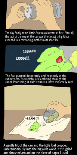 ambiguous_feral ambiguous_gender ambiguous_human bounce can container duo eyes_closed feral fur green_body green_fur green_tail holding_object monotone_body monotone_fur mostly_offscreen_character neonate open_mouth paper tail text young young_ambiguous young_feral carpdime fluffy_pony avocado_(fluffy_pony) fluffy_pony_(species) human mammal digital_media_(artwork) english_text hi_res