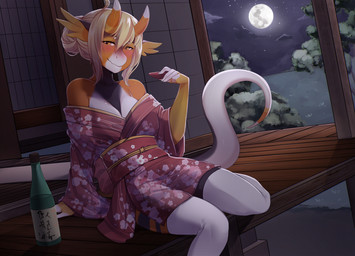 alcohol anthro asian_clothing beverage biped blonde_hair blush bottle breasts brown_body brown_scales building claws cleavage clothed clothing cloud container detailed_background drunk dutch_angle east_asian_clothing female fingerless_(marking) full_moon fully_clothed hair hair_bun holding_object horn house japanese japanese_clothing kimono looking_at_viewer moon multicolored_body multicolored_horn multicolored_scales non-mammal_breasts outside pink_clothing pink_topwear sake scales sitting sky smile solo star starry_sky substance_intoxication tail topwear two_tone_body two_tone_scales white_body white_claws white_scales white_tail yellow_eyes iwbitu mythology dragon mythological_creature mythological_scalie scalie 2017 digital_media_(artwork)