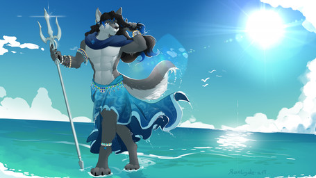 4_toes 5_fingers anklet anthro barefoot beach black_hair black_nose clothed clothed_anthro clothed_male clothing feet fingers fur grey_body grey_fur hair hindpaw humanoid_hands jewelry long_hair male melee_weapon multicolored_body multicolored_fur outside paws polearm solo tail toes topless topless_anthro topless_male trident two_tone_body two_tone_fur walking water weapon white_body white_fur roxlyde maku_(masterofwolves99) canid canine canis mammal wolf 16:9 4k absurd_res better_version_at_source hi_res widescreen