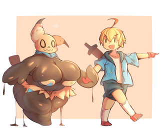 anthro big_breasts black_body blonde_hair bottomwear breasts clothing duo female footwear gloves hair hand_holding handwear huge_breasts huge_thighs jacket male melee_weapon obese overweight shirt shoes shorts slightly_chubby socks sword thick_thighs topwear weapon lightmizano nintendo pokemon generation_7_pokemon human mammal mimikyu pokemon_(species) hi_res