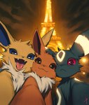ambiguous_feral ambiguous_gender arm_markings black_body black_fur black_nose blue_eyes blue_inner_ear brown_body brown_eyes brown_fur brown_inner_ear cheek_tuft closed_smile detailed_background ear_markings eiffel_tower facial_markings facial_tuft fangs feral fur glowing glowing_markings group head_markings looking_at_viewer markings mouth_closed neck_tuft one_eye_closed open_mouth open_smile paris pointy_ears red_eyes selfie smile smiling_at_viewer teeth tongue_showing trio tuft whiskers yellow_body yellow_fur yellow_markings blaedic nintendo pokemon eevee eeveelution generation_1_pokemon generation_2_pokemon jolteon mammal pokemon_(species) umbreon 2025 absurd_res digital_drawing_(artwork) digital_media_(artwork) hi_res signature