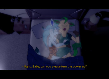 3d_background animal_print anthro anthrofied bed bedroom bird's-eye_view blue_body blue_fur blue_hair bodily_fluids breasts cleavage clothed clothing duo eyes_closed fake_screencap fanning fanning_self female fur furniture green_body green_clothing green_fur hair high-angle_view hug hugging_another long_hair nightgown panties pokemorph short_hair small_breasts snowflake sweat tail tan_body tan_fur text tiger_print underwear scoutthecat02 nintendo pokemon lisa_devellis marissa_reinhart eeveelution generation_4_pokemon glaceon leafeon pokemon_(species) 3d_(artwork) digital_media_(artwork) english_text hi_res mixed_media