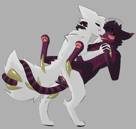4_fingers 4_toes anthro black_pawpads black_penis black_sclera black_tongue blue_eyes blush countershading curling_toes digitigrade duo ears_down entwined_tails erection feet fingers fluffy fluffy_tail fur genitals hand_on_head interlocked_fingers intersex intersex/intersex intravaginal_penis kissing_while_penetrated kissing_while_penetrating long_tail looking_at_another lying maleherm maroon_fur mutual_penetration narrowed_eyes on_back pawpads penetration penile penile_penetration penile_spines penis penis_in_vagina pink_blush pink_pawpads pivoted_ears purring sex simple_background table_lotus_position tail tail_coil tapering_penis teeth toes tongue vaginal vaginal_penetration white_body white_fur yellow_eyes envoyager casualties:_unknown gunsaw canid canine domestic_cat felid feline felis gunsawian hybrid mammal milky_(gunsawian) voyager_(gunsawian) digital_media_(artwork) hi_res maleherm_(lore)