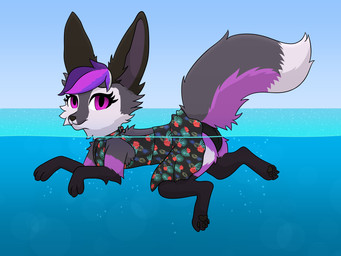 backless_clothing backless_swimsuit black_clothing black_swimwear butt clothed clothing countershading dipstick_tail doggy_paddle female fur fur_markings grey_body grey_fur hair looking_at_viewer markings one-piece_swimsuit outside partially_submerged pattern_clothing pattern_swimwear pawpads pink_eyes purple_body purple_fur purple_hair semi-anthro sky solo swimwear tail tail_markings water ponponthedreambunny kufky_(character) canid canine fennec_fox fox hybrid mammal true_fox 2026 4:3 digital_drawing_(artwork) digital_media_(artwork) hi_res