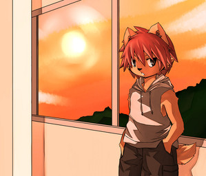 anthro biped black_nose bottomwear brown_eyes cargo_pants clothed clothing day fully_clothed fur hair hand_in_pocket hands_in_both_pockets inside looking_aside looking_at_viewer male orange_body orange_fur pants pockets red_hair shirt short_hair sky solo standing sun tail tank_top toony topwear window dosanco15 parma15 canid canine canis domestic_dog mammal