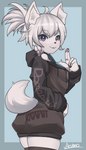 anthro black_nose braided_hair butt clothing female fingerpads grey_body grey_hair hair hoodie inner_ear_fluff legwear looking_at_viewer open_mouth pawpads purple_eyes simple_background smile solo stockings topwear tuft arumo canid mammal 2021 4:7 hi_res