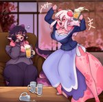 alcohol anthro beer beverage big_tail blush bodily_fluids breasts bulge choker cleavage clothed clothing detailed_background detailed_bulge dress drunk duo feet genital_outline gynomorph hair hoodie horn intersex jewelry necklace penis_outline ponytail substance_intoxication sweat sweatdrop tail toes topwear wakko_(artist) mythology lilikoi_gumi lychee_gumi dragon mythological_creature mythological_scalie scalie hi_res sibling_(lore) sister_(lore) sisters_(lore)