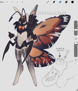 2_antennae 4_legs 4_wings antennae_(anatomy) anthro art_program_in_frame arthropod_abdomen biped black_antennae black_body clothing crown cuffs_(clothing) directional_arrow eyespots fake_ears fake_rabbit_ears fishnet_stockings grumpy head_tuft headgear insect_wings legwear leotard lepidopteran_wings male markings monotone_clothing multi_wing multicolored_wings neck_bow neutral_expression open_mouth orange_bow orange_wings playboy_bunny ruff solo spread_wings stockings teeth text tuft white_clothing white_cuffs white_legwear white_leotard white_stockings wings ppyrams disney hoppers_(disney) pixar titus_(hoppers) arthropod butterfly insect lepidopteran 2026 digital_media_(artwork) english_text hi_res