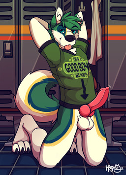 3_toes animal_genitalia animal_penis anthro balls biped black_nose blue_body blue_eyes blue_fur bodily_fluids bottomless canine_genitalia canine_penis chest_tuft claws clothed clothing detailed_background directional_arrow erection feet fluffy fluffy_tail fur genital_fluids genitals green_body green_fur green_hair hair hands_behind_head inner_ear_fluff kneeling knot locker locker_room looking_at_viewer male multicolored_body multicolored_fur naughty_face on_ground penis pose precum presenting presenting_penis shirt solo tail text toe_claws toes tongue tongue_out topwear tuft white_balls white_body white_fur yellow_body yellow_fur higsby nekohaiku canid canine canis domestic_dog husky mammal nordic_sled_dog spitz 2015 english_text hi_res