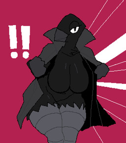 anthro avian_legs beak bedroom_eyes big_breasts black_body black_breasts black_eyelids black_eyes black_feathers breasts clothing coat exclamation_point eyelashes feathers featureless_breasts featureless_crotch female female_anthro flashing flashing_breasts glistening glistening_breasts grey_beak grey_legs grey_trenchcoat looking_at_viewer narrowed_eyes navel pink_background presenting presenting_breasts seductive simple_background solo standing thick_thighs topwear trenchcoat white_sclera wide_hipped_anthro wide_hipped_female wide_hips kanekuo prisma_(fr0gv0re) avian bird 2024 digital_drawing_(artwork) digital_media_(artwork)