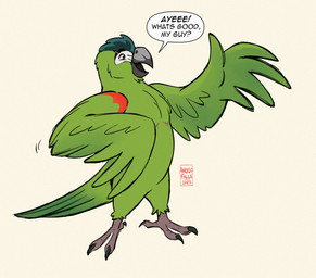 anthro avian_feet beak dialogue eyebrow_slit eyebrows feathers green_body greeting male mastectomy_scar non-mammal_mastectomy_scar open_mouth open_smile scar scuted_feet scutes simple_background slicked_back_hair smile solo speech_bubble tail tail_feathers text toony winged_arms wings angelofalls conditional_dnp angelo_(angelofalls) avian bird macaw neotropical_parrot parrot true_parrot artist_name digital_drawing_(artwork) digital_media_(artwork) english_text signature trans_(lore) trans_man_(lore)