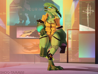 anthro beverage bodysuit city clothing coffee cybernetic_eye cybernetic_leg cybernetic_limb cybernetics female glowing glowing_eyes green_body hologram iridescent machine science_fiction skinsuit smile solo sunset tight_clothing conditional_dnp shido-tara alien cyborg scalie hi_res