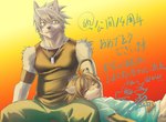 anthro armband athletic athletic_anthro athletic_male black_clothing black_nose black_shirt black_tank_top black_topwear blue_clothing blue_hoodie blue_topwear bottomwear brown_hair clothing countershade_face countershading duo fur green_bottomwear green_clothing green_pants grey_body grey_fur grey_hair hair hoodie male male/male orange_background pants shirt simple_background sleeping tan_body tan_fur tank_top text topwear yellow_eyes indeigo morenatsu kouya_(morenatsu) shun_(morenatsu) canid canine canis domestic_dog husky mammal nordic_sled_dog spitz wolf 2025 japanese_text