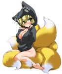 7_tails big_breasts biped black_clothing black_hoodie black_topwear blonde_hair blush bottomless breasts cleavage clothed clothing dipstick_tail female fluffy fluffy_tail fur furgonomics hair hoodie hoodie_only light_body light_skin looking_at_viewer markings monotone_hair multi_tail multicolored_tail nipple_outline open_clothing open_hoodie open_topwear shy sitting sitting_on_tail solo tail tail_between_legs tail_markings topwear topwear_only two_tone_tail white_body white_fur white_tail yellow_body yellow_eyes yellow_fur yellow_tail ikuta_takanon touhou ran_yakumo animal_humanoid canid canid_humanoid canine canine_humanoid fox_humanoid humanoid mammal mammal_humanoid 2009 colored digital_media_(artwork) hi_res shaded