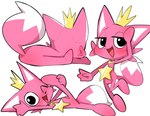 ambiguous_gender anthro blush crown featureless_crotch flexible fur headgear jewelry looking_at_viewer lying necklace on_side one_leg_up pink_body pink_fur raised_leg simple_background smile solo splits spread_legs spreading standing star tail vertical_splits white_background hanuvo pinkfong_(character) canid canine fox mammal hi_res