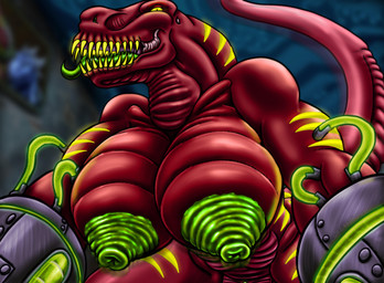 abs anthro big_breasts breasts clitoris cybernetics female genitals glowing glowing_markings green_nipples huge_breasts looking_at_viewer low-angle_view machine markings motion_blur nipples non-mammal_breasts non-mammal_nipples solo tongue tongue_out lokidragon87 nox_(lokidragon87) cyborg dinosaur prehistoric_species reptile saurischian scalie theropod tyrannosaurid tyrannosauroid tyrannosaurus absurd_res hi_res