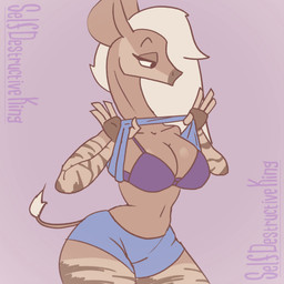 4_fingers anthro big_ears blue_bottomwear blue_clothing blue_top bottomwear bouncing_breasts bra bra_strap breasts brown_body brown_fur cleavage clothed clothing clothing_lift dot_eyes eyebrows eyelashes female fingerless_(marking) fingerless_gloves_(marking) fingers flashing flashing_breasts fur gloves_(marking) hair hand_on_hip horse_tail markings navel purple_bra purple_clothing purple_underwear raised_eyebrow shirt shirt_lift simple_background simple_eyes solo speech_bubble striped_markings stripes tail text thick_thighs topwear underwear white_hair selfdestructking bra_strap_showing_(meme) affogato_(selfdestructiveking) giraffid mammal okapi 1:1 2d_animation animated english_text frame_by_frame hi_res meme no_sound short_playtime video