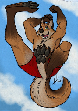 action_pose anthro athletic athletic_anthro athletic_male black_pawpads bottomwear brown_body brown_fur cheek_tuft clothed clothing facial_tuft fangs feet foot_focus front_view fur green_eyes head_tuft leg_markings male male_anthro markings narrowed_eyes open_mouth open_smile orange_body orange_fur pawpads pose red_bottomwear red_clothing red_shorts red_tongue shorts smile socks_(marking) solo teeth tongue topless tuft hufnaar canid canine mammal absurd_res colored_sketch hi_res sketch