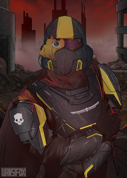 anthro armor blood bodily_fluids city_destruction destruction fog fur helldiver_corps male rock seaf solo yellow_body yellow_fur vansifoxarts helldivers whiteskill_family vansifox_(vansifoxarts) canid canine fennec_fox fox mammal true_fox absurd_res digital_drawing_(artwork) digital_media_(artwork) hi_res shaded