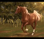 ambiguous_gender brown_body feral grass mane mouth_closed outside plant running solo tail tan_mane tan_tail tree scarlanya equid equine horse mammal