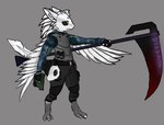 anthro bored bulletproof_vest clothed clothing digitigrade feathers fingerless_gloves fur gloves gun hair handgun handwear holding_gun holding_melee_weapon holding_object holding_ranged_weapon holding_weapon long_hair magazine_(gun) male mask melee_weapon pistol polearm ranged_weapon scythe simple_background solo standing tail weapon white_body white_feathers white_fur winged_arms wings yellow_eyes rustbuuket winters_manakara avali avian absurd_res hi_res