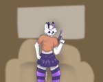 anthro antlers bottomwear clothing crop_top female fishnet_clothing gun handgun horn legwear male ranged_weapon shirt skirt solo thigh_highs topwear weapon linkxilynx webley_(pistol) shiny_(shinycheemsborgor) dracatvus 5:4 absurd_res hi_res