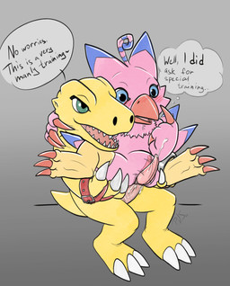 3_toes agumon_(2006_anime) agumon_next anthro avian_feet beak blue_eyes bodily_fluids chain chair_position claws cloacal cloacal_penetration cloacal_penis cum cum_inside duo ejaculation feet from_behind_position genital_fluids genitals green_eyes male male/male open_beak open_mouth penetration penis pink_body seminal_groove sex sulcus sulcus_spermaticus toes yellow_body p.v.su bandai_namco digimon agumon avian bird biyomon digimon_(species) dinosaur prehistoric_species reptile scalie hi_res