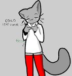 2023 anthro asking_viewer big_tail biped black_text cel_shading clothed clothing dialogue digital_drawing_(artwork) digital_media_(artwork) domestic_cat double_finger_gun emily_(tcsrjx) english_description english_text eyebrows felid feline felis female female_(lore) female_anthro finger_gun floating_whiskers footwear front_view fur gesture green_text grey_background grey_body grey_ears grey_face grey_fur grey_hands grey_legs grey_pupils grey_tail half-closed_eyes hand_gesture imminent_oral_vore imminent_vore index_to_index legwear long_sleeves long_tail looking_at_viewer low_res mammal monotone_background monotone_body monotone_clothing monotone_face monotone_footwear monotone_fur monotone_hands monotone_legs monotone_legwear monotone_socks monotone_stockings monotone_sweater monotone_tail monotone_thigh_highs monotone_thigh_socks monotone_topwear mostly_clothed mostly_clothed_anthro mostly_clothed_female narrowed_eyes no_underwear one_ear_up open_mouth open_smile portrait pupils raised_eyebrow red_clothing red_footwear red_legwear red_socks red_stockings red_thigh_highs red_thigh_socks requesting rumbling_stomach shaded simple_background smile smiling_at_viewer smug smug_face socks solo sound_effects standing stockings sweater tail talking_to_viewer tcsrjx text thigh_highs thigh_socks three-quarter_portrait topwear vore_request vowelless vowelless_sound_effect white_clothing white_sweater white_topwear yes-no_question