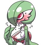 areola blush blush_lines bodily_fluids breasts female green_body green_hair hair mouthless nipples pink_areola pink_nipples red_eyes simple_background solo sweat sweatdrop white_background white_body hanya nintendo pokemon gardevoir generation_3_pokemon humanoid pokemon_(species) 1:1 hi_res