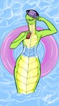 anthro apode beverage claws clothing eyewear female flat_chested glass glasses green_body green_scales hat headgear headwear holding_object ice legless looking_at_viewer nude pool pupils purple_clothing purple_hat purple_headwear relaxing scales serpentine simple_background slit_pupils soda solo water_float wearing_glasses wet yellow_body yellow_scales yellow_sclera tobiasnana draconcopode naga reptile scalie snake 9:16 hi_res