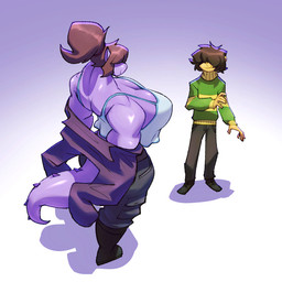ambiguous_gender ambiguous_human anthro big_breasts breasts brown_hair cleavage clothed clothing duo female green_clothing green_sweater green_topwear hair hair_over_eyes high-angle_view huge_breasts larger_female mouth_closed muscular muscular_anthro muscular_female obscured_eyes pattern_clothing pattern_sweater pattern_topwear purple_body purple_ears purple_face purple_scales purple_skin purple_tail scales shirt size_difference smile striped_clothing striped_sweater striped_topwear stripes sweater tail tank_top thick_tail tied_hair topwear undressing yellow_body yellow_skin bigdad deltarune undertale_(series) kris_dreemurr susie_(deltarune) human mammal monster scalie 1:1 2024 digital_media_(artwork)
