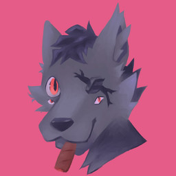 4_eyes anthro black_hair blind_eye cigar drug_usage fur grey_body grey_fur hair highlights_(coloring) inner_ear_fluff looking_at_viewer male multi_eye neck_floof neck_tuft one_eye_closed red_background red_eyes scar simple_background smile smiling_at_viewer smoking smoking_cigar solo tobacco tuft koffeecake mythology canid canine canis domestic_dog mammal mythological_canine mythological_creature 1:1 hi_res