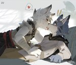 anthro bandage bandaged_arm black_body blue_eyes blush cloak clothing duo french_kissing hand_on_hip kemono kissing lying male male/male on_back open_mouth shocked shota side_view tongue tongue_out white_body yellow_eyes young lokey canid canine canis mammal wolf hi_res signature