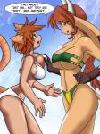 big_breasts bikini breast_grab breast_size_difference breasts brown_body brown_eyes brown_fur brown_hair cat_tail clothed clothing crossgender duo ear_tuft female fur green_eyes hair hand_on_breast horn huge_breasts humanoid_face long_hair swimwear tail tuft two-piece_swimsuit chalo sageofotherworlds caribbean_blue las_lindas mora_linda nchan_(caribbean_blue) nekonny_(fursona) bovid bovine cattle domestic_cat felid feline felis mammal 3:4