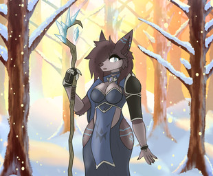 anthro breasts clothing dress female forest fur fur_markings magic magic_staff magic_user markings plant solo tree witch kariwolf197 astra_(heroesofganvoroth) canid canine canis mammal wolf hi_res