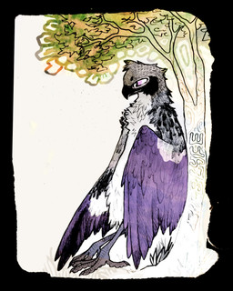 ambiguous_gender anthro avian_feet beak crossed_legs feathers leaning leaning_backward plant purple_body purple_eyes purple_feathers solo tree wings birblyfe birdpathy avian bird hi_res