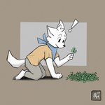 anthro border clothed clothing clover_(plant) clover_leaf exclamation_point four_leaf_clover holding_object holding_plant kerchief kneeling leaf male plant simple_background solo surprised_expression tail bruno_borker canid canine canis domestic_dog mammal 1:1 hi_res