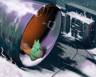 ambiguous_gender anthro belly big_belly big_tail blue_fruit_(rain_world) eyes_closed food green_body holding_food holding_object machine overweight overweight_ambiguous overweight_anthro pipe snow solo tail urban_decay citrusslugcat rain_world videocult saint_(rain_world) slugcat