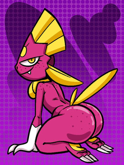 ambiguous_gender anthro anthrofied big_butt butt claws eyelashes fangs forehead_gem freckled_butt freckled_face freckles gem kneeling looking_at_viewer pattern_background pink_body pokemorph pupils purple_background simple_background slit_pupils smile solo teeth thick_thighs white_claws wide_hips yellow_eyes trekismog nintendo pokemon generation_4_pokemon pokemon_(species) shiny_pokemon weavile 3:4