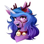 1:1 absurd_res antler_ribbon antlers bell blue_hair bridle bust_portrait buvanybu collar digital_media_(artwork) equid equine eyelashes female feral hair hasbro hi_res horn izzy_moonbow_(mlp) long_hair mammal mlp_g5 my_little_pony mythological_creature mythological_equine mythology open_mouth open_smile portrait purple_body purple_eyes ribbons signature simple_background smile solo unicorn unicorn_horn white_background