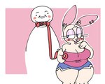 ambiguous_gender anthro bdsm belly big_breasts big_eyes blue_bottomwear blue_clothing blue_eyes blue_shorts blush blush_lines bottomwear breasts cleavage closed_smile clothed clothing collar dolphin_shorts dominant dominant_anthro dominant_female ear_piercing eyebrows eyelashes female female/ambiguous fingers fur holding_leash holding_object hotpants human_on_anthro inner_ear_fluff interspecies leash leashed_collar lidded_eyes mouth_closed no_pupils open_mouth open_smile outline petplay piercing pink_clothing pink_nose pink_topwear pink_tube_top red_collar roleplay short_stack shorts size_difference slightly_chubby smile standing submissive submissive_ambiguous submissive_human tan_body tan_fur thick_thighs toony topwear tube_top tuft white_body white_outline wide_hips shoobular jackie_(shoobular) human lagomorph leporid mammal rabbit 2025 digital_media_(artwork) flat_colors