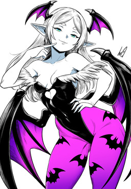 breasts clothing collarbone cosplay ear_piercing eyebrows eyelashes female green_eyes hand_on_hip head_wings humanoid_pointy_ears legwear leotard membrane_(anatomy) membranous_wings not_furry pantyhose piercing pointy_ears small_breasts smile solo unusual_wing_placement wings lughostin capcom darkstalkers frieren_beyond_journey's_end frieren morrigan_aensland elf humanoid 2025 absurd_res hi_res restricted_palette