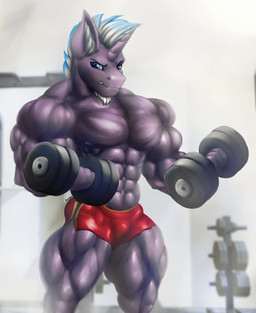abs anthro athletic_wear beard biceps bottomwear clothed clothing dumbbell exercise facial_hair gym gym_bottomwear gym_shorts horn male muscular muscular_anthro muscular_legs muscular_male muscular_thighs shorts solo topless topless_male weightlifting weights workout rizzyofen hasbro my_little_pony mythology fan_character equid equine horse mammal mythological_creature mythological_equine pony unicorn absurd_res hi_res