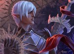 abstract_background armor blue_eyes grey_armor hair humanoid_pointy_ears male melee_weapon mouth_closed not_furry short_hair solo sword tan_body tan_skin weapon white_hair clockhands bioware dragon_age electronic_arts fenris_(dragon_age) elf humanoid bust_portrait portrait signature