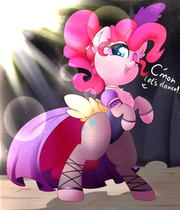 accessory alternate_hairstyle blue_eyes clothed clothing curtains cutie_mark dialogue dress exclamation_point eyelashes feather_in_hair feathers female feral hair hair_accessory hooves inside light looking_at_viewer loose_feather one_eye_closed open_mouth open_smile pink_hair quadruped shadow smile solo stage standing talking_to_viewer text tongue wink madacon friendship_is_magic hasbro my_little_pony pinkie_pie_(mlp) earth_pony equid equine horse mammal pony 2018 absurd_res english_text hi_res portrait