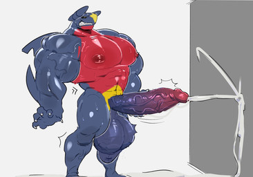 anthro anthrofied balls big_balls big_muscles big_pecs big_penis blue_body blue_scales bodily_fluids clenched_teeth cum cum_on_wall cumshot dorsal_fin ejaculation erection fin genital_fluids genitals hands-free huge_balls huge_muscles huge_pecs huge_penis humanoid_genitalia humanoid_penis hyper hyper_balls hyper_genitalia hyper_penis male muscular muscular_male nipples notched_fin pecs penis pokemorph red_body red_scales scales solo sweat teeth vein veiny_muscles veiny_penis akachionmain nintendo pokemon garchomp generation_4_pokemon pokemon_(species) scalie hi_res