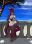 bandeau beach breasts clothing female guard_rail palm_tree plant seaside shadow solo topwear tree under_shade eqlipse_(artist) kobold hi_res